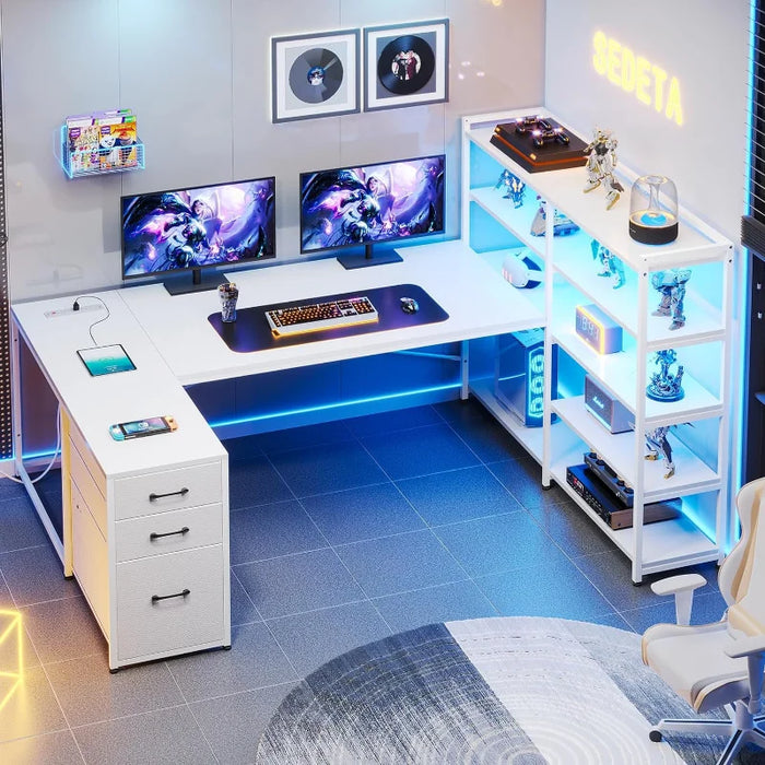 SEDETA L Shaped Computer Desk, Reversible U Shaped Home Office Desk with 3 Fabric Drawers and Storage Shelves, L Shaped Desk wit