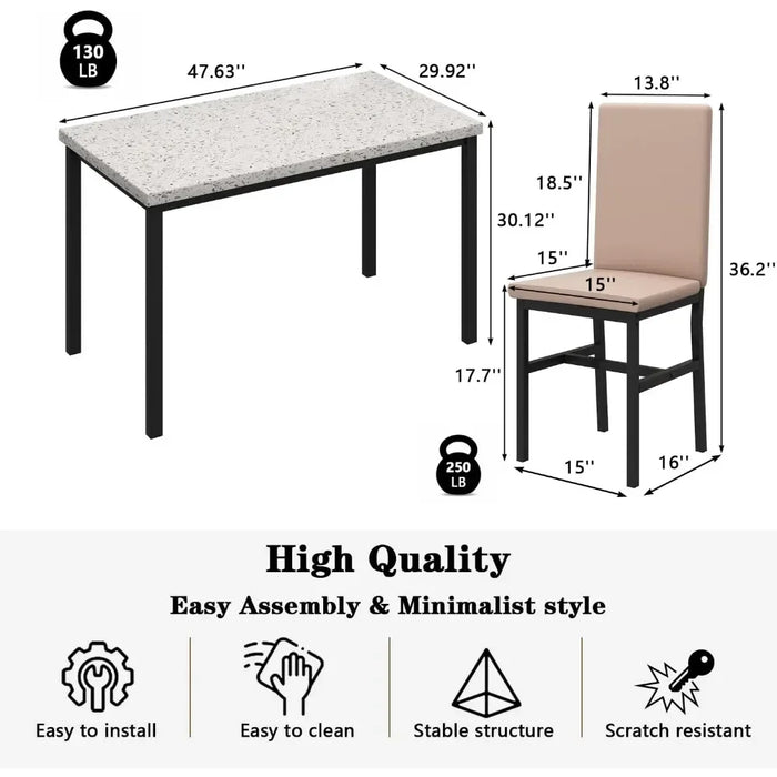 Compact Furniture 5-Piece Dining Room Table Set Faux Marble Table with 4 PU Leather Upholstered Seats, White