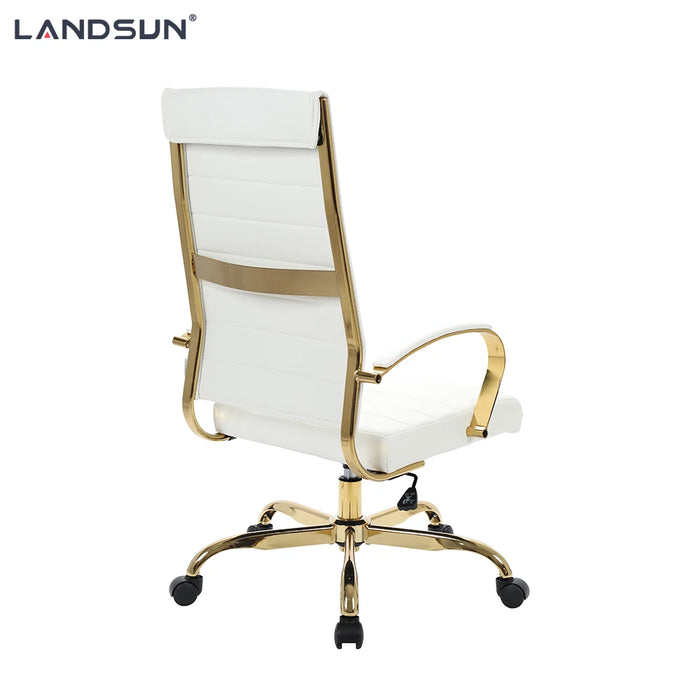 White PU Leather Executive Chair Furniture Golden Chromed Metal Frame Swivel Office Chair
