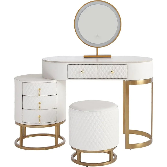 Faux Leather Vanity Desk with Mirror Makeup Table with Drawers & Vanity Stool, White Dressers