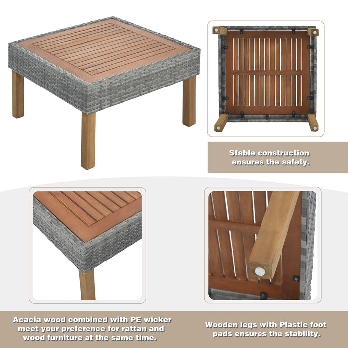 9Pcs Outdoor Patio Garden Wicker Sofa Set Gray PE Rattan Wood Legs Acacia Wood Tabletop Armrest Chairs W/Beige/Grey Cushions
