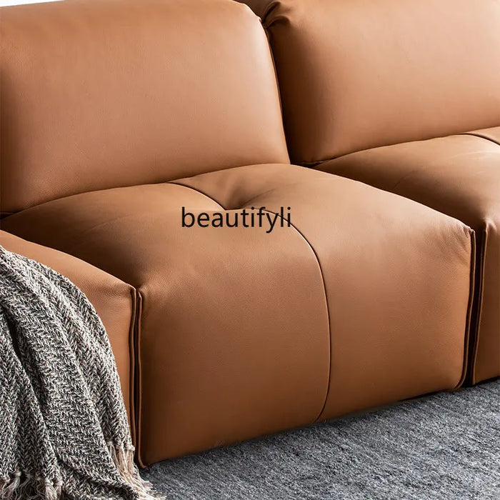 Leather Corner Sofa First Layer Cowhide Italian Style Minimalistic Straight Row Three-Seat Tofu Block Sofa  living room sofa