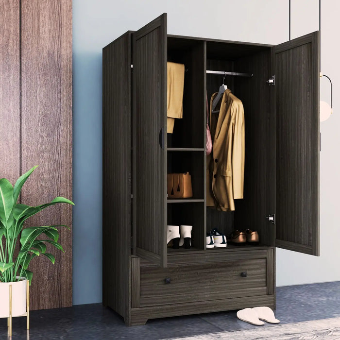 FCH MDF & Particleboard Triamine Veneer Brown 2 Doors 1 Draw Wooden Wardrobe