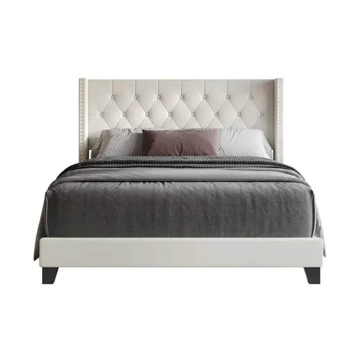 Wingback Platform Bed Frame with Headboard with Wood Slat Support and Square Stitched Headboard