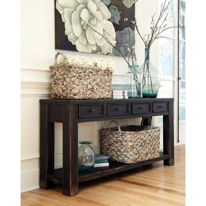 Signature Design by Ashley Gavelston Rustic Sofa Table with 4 Drawers and Lower Shelf, Weathered Black