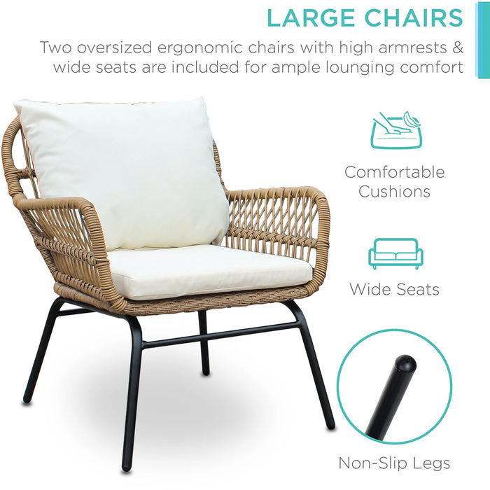 6PCS Patio Furniture Set Outdoor Balcony Natural Color Wicker Sofa Chair Set with Beige Cushion,Round Tempered Glass Table