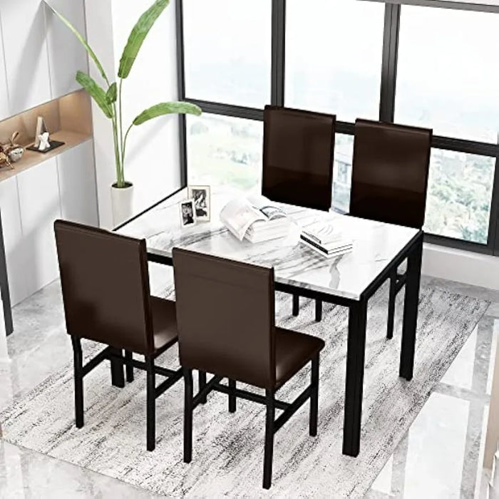 Dining Table Set for 4, Modern Kitchen Table and Chairs Set, Faux Marble Tabletop and 4 PU Leather Upholstered Chairs Dining Set