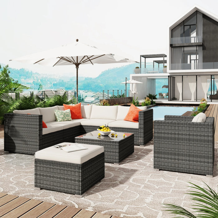 Patio Furniture Set, 8-Piece Patio Wicker Corner Sofa with Cushions, Ottoman and Coffee Table  for Pool Backyard Lawn