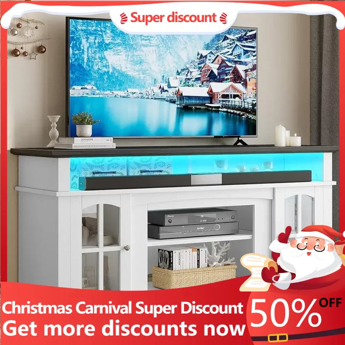 TV cabinet with socket, storage rack, and cabinet glass door, adjustable, can hold 400 pounds, for living room, white