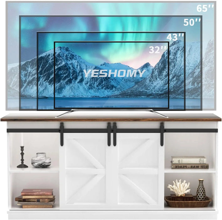 YESHOMY Farmhouse TV Stand and Entertainment Center for Televisions up to 65 Inchs, with Sliding Barn , 58 Inch, White & Rustic