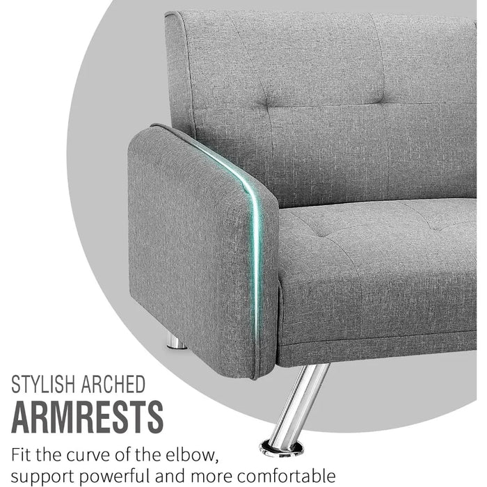 Futon Sofa Bed, Convertible Couch with 2 Cup Holders, Loveseat with Armrest for Studio, Apartment, Office,Living Room,Light Grey