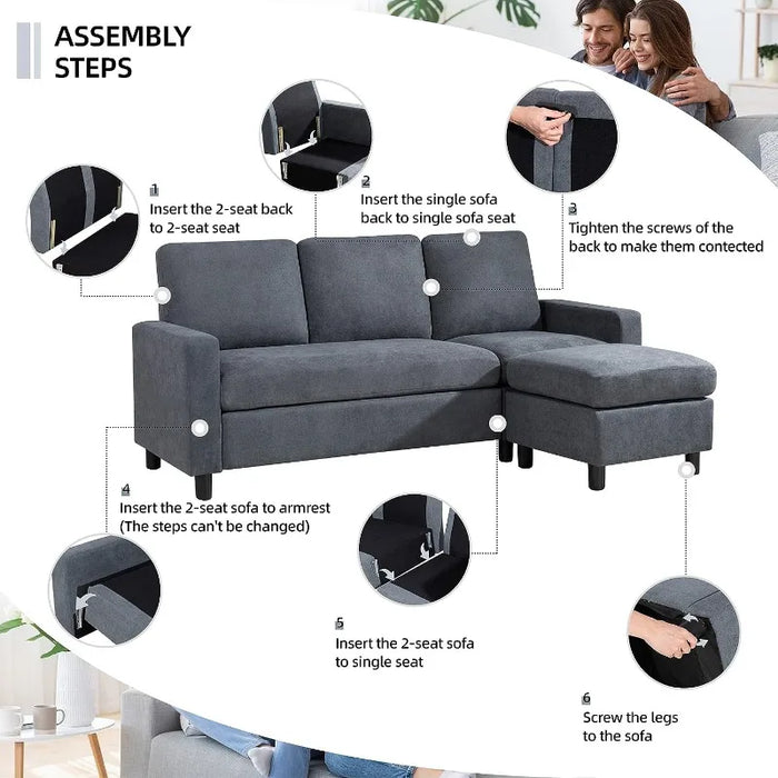 Shintenchi Convertible Sectional Sofa , Modern Linen Fabric L-Shaped Couch 3-Seat Sofa Sectional with Reversible Chaise