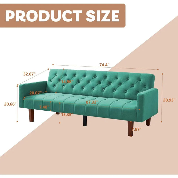 Green Tufted Back Sofa Bed Convertible Sleeper Futon With Tapered Wood Legs for Living Room Apartment Lounge Folding Lazy Double