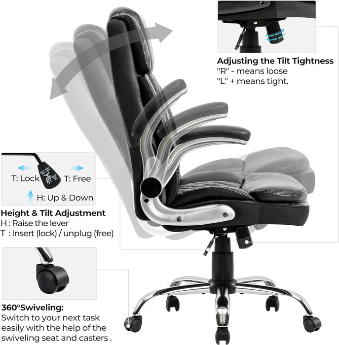 High Back Office Chair with Adjustable Arms, PU Leather Computer Executive Chairs Big Tall Swivel Ergonomic Adjustabl