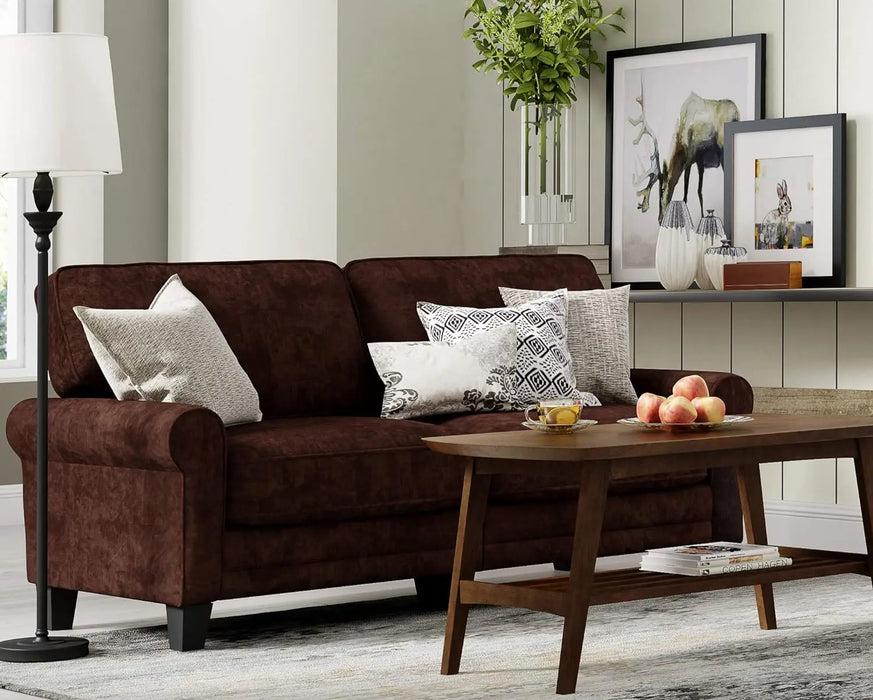 Copenhagen 73" Sofa - Pillowed Back Cushions and Rounded Arms, Durable Modern Upholstered Fabric - Brown
