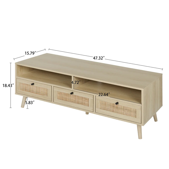BOUSSAC Rattan TV Stand with Solid Wood Feet, TV Storage Shelf Cabinet, Modern TV Console Table for Home and Office, Natural