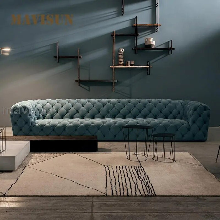 Blue Velvet Straight Row Multi Seat Armchair Custom Upholstered Chesterfield Sofa Couch Set for Living Room High End Furniture