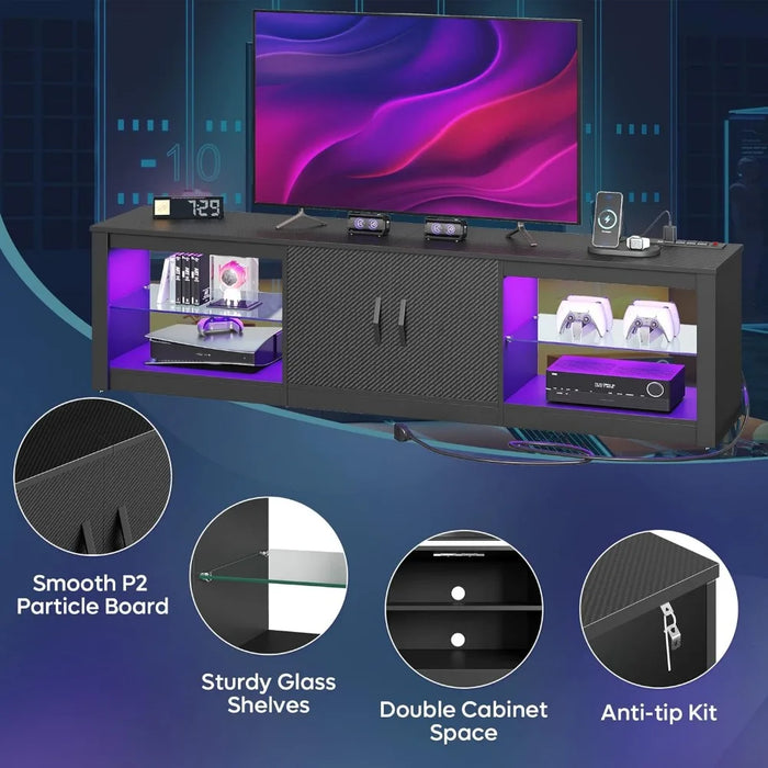 Adjustable Glass Shelves Two Cabinets for 75inch Led TV Stand Modes Modern LED Corner Console Living Room Black Display Cabinet