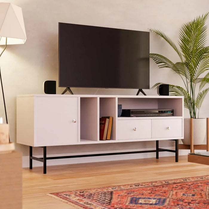 Mid-Century Modern Rectangular TV Stand With Enclosed Storage and Powder-coated Iron Legs Tv Stand Living Room Furniture Cabinet