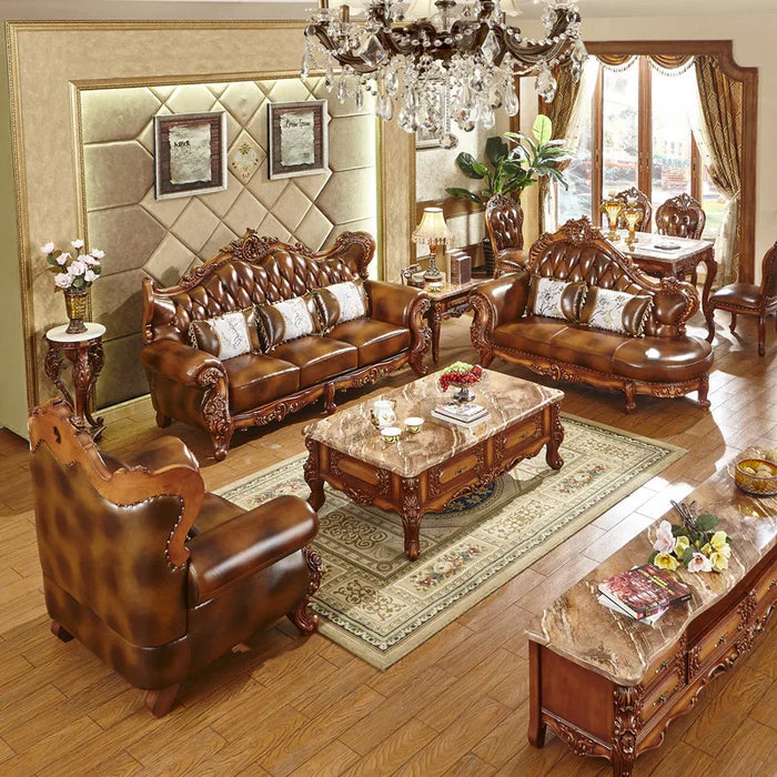 Antique Dark European Leather Sofa First Layer Cowhide Villa Large Living Room Solid Wood Carved Sofas Modernos Para Sala