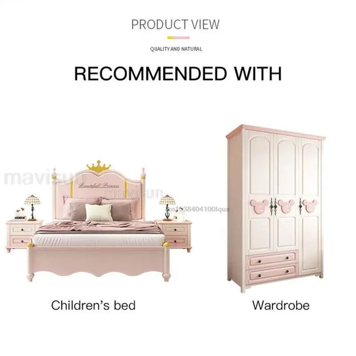 Nordic Modern Pink Children's Bed For Girl With Solid Wood Frame Loft Princess Bed 1.2m 1.5m Children's Room Furniture Set