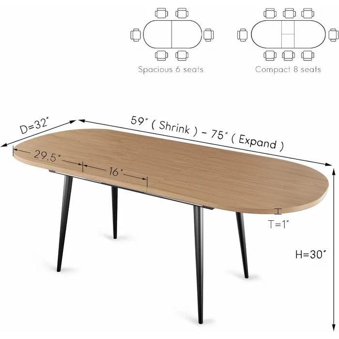 75" x 32" Expandable Dining Table - a Oval Wooden Table Top with Metal Legs, Space-Saving Extendable