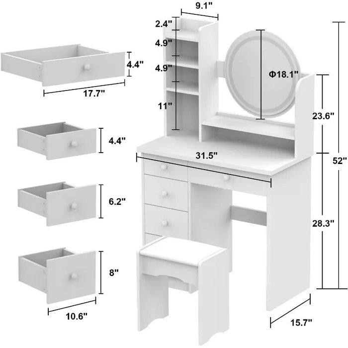 Makeup Vanity Set Dresser Desk with 5 Drawer and Shelf Round Mirror with Touch Screen and Light Vanity Set with Cushioned Stool