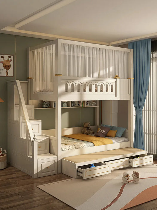Double layered bed with the same width, full solid wood high and low bed, small unit rubber children's bed