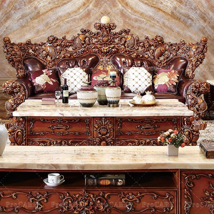 ProCARE European sofa American villa living room genuine leather solid wood carving etro 124 living room sofa sets