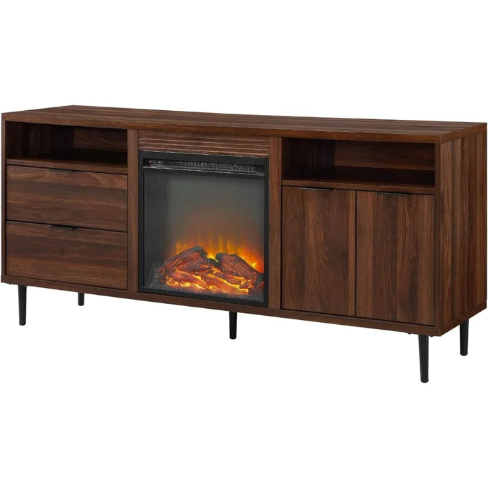 Wood Fireplace TV Stand with Cabinet Doors and Drawers for TV's up to 65" Flat Screen Universal TV Console, 60 Inch, Dark Walnut