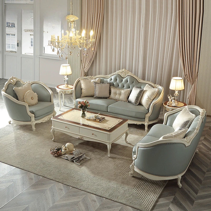 Genuine leather sofa combination, beech wood carving, European style villa, living room, sofa top layer, genuine leather