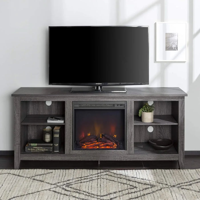 Walker Edison Wren Classic 4 Cubby Fireplace TV Stand for TVs up to 65 Inches, 58 Inch, Charcoal