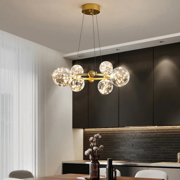 Nordic Led Glass Ball Chandelier with Remote Control Long Ring Golden Living Dining Room Pendant Home Decoration Indoor Lighting