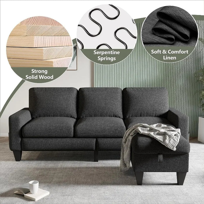 Convertible Sectional Sofa L-Shaped Couch, Couches with Reversible Chaise, 3-Seat Modern Linen Sectional Couches for Living Room