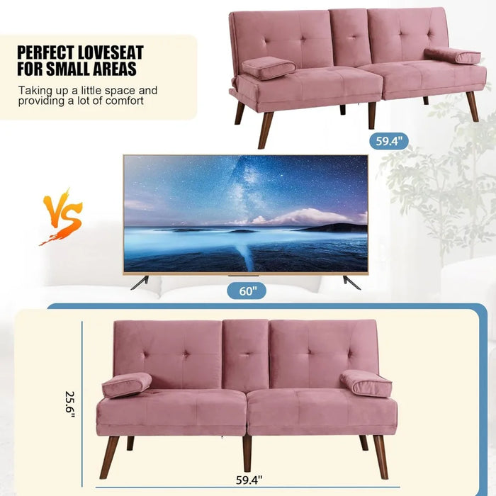 3 in 1 Cute Convertible Sofa Bed 60" Small Loveseat Modern Futon Recliner Sleeper W/2 Cup Holder Pink Freight Free Couch Sofas