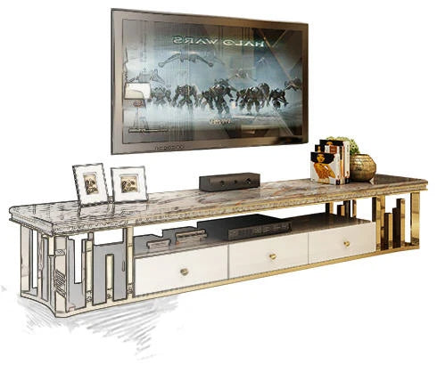 MANBAS Modern Living Room Furniture: Natural Marble Stainless Steel TV Stand Gold  TV Table for Home Decor Stylish TV Cabinet