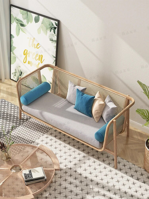 Simple and complete set of single person wooden sofa combination living room small leisure solid wood sofa rattan chair sofa