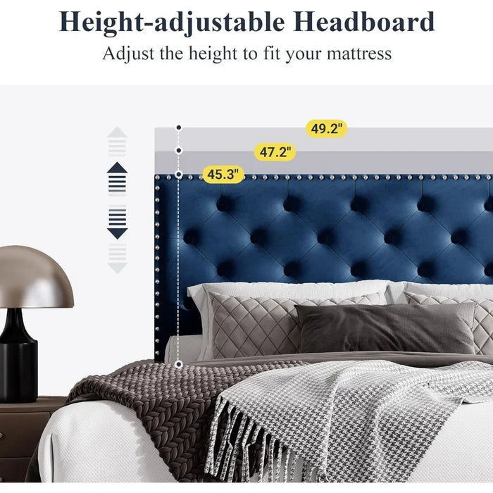 King size bed frame, velvet padded platform bed with adjustable diamond button tufting and nail head decoration headboard, bed