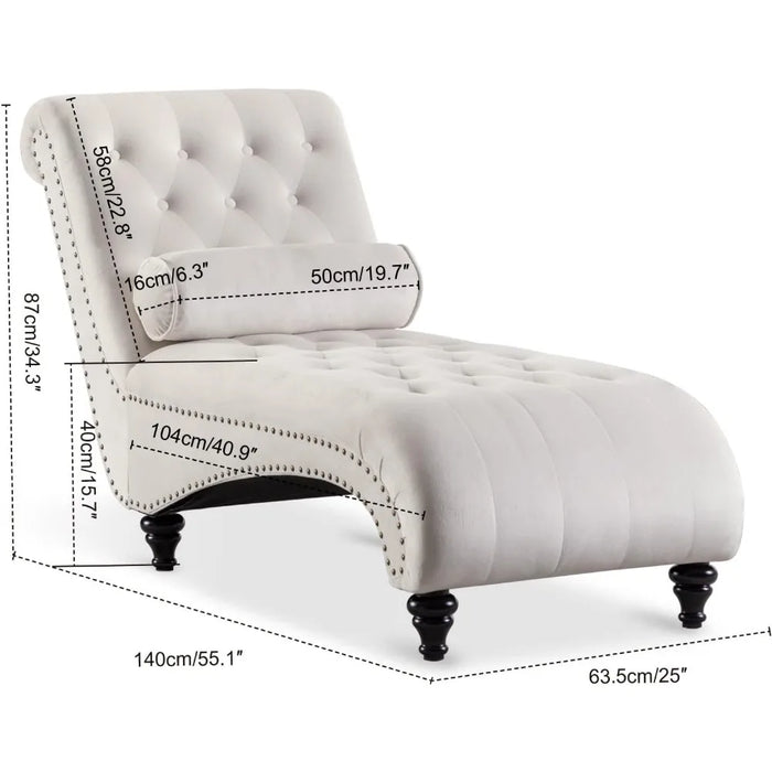 Velvet Button-Tufted Chaise Lounge Chair Leisure Sofa for Indoor Living Room with Bolster Pillow, Nailhead Trim and Turned Legs