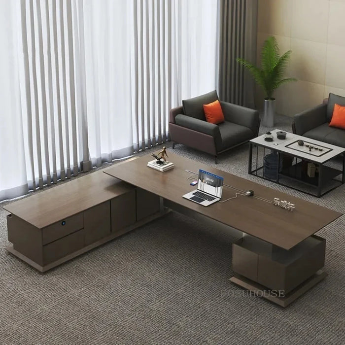 Luxury Office Desk Wood Executive Computer L Shaped Workbench Storage Desktops Drawers Standing Scrivania Gaming Office Supplies