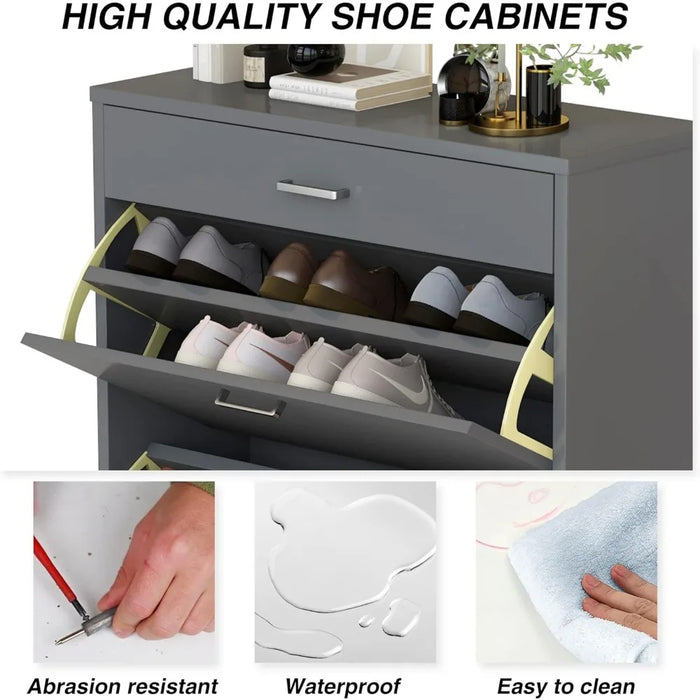 Shoe cabinet wooden freestanding shoe locker, modern slim narrow shoe storage rack, sliding drawer for entrance, grey