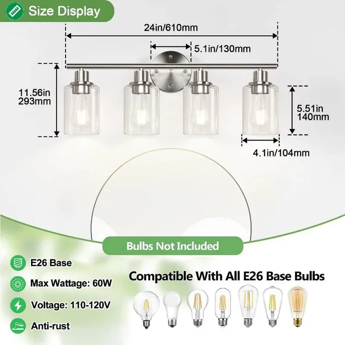 4-Light Bathroom Light Fixtures, Brushed Nickel Modern Vanity Lights Over Mirror with Clear Glass Shade, Bathroom Wall Lamp for