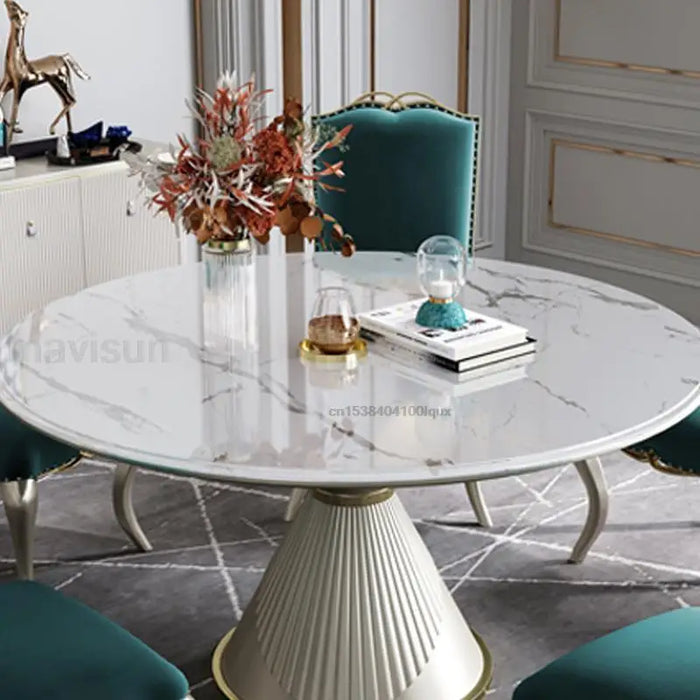 Luxury Kitchen Table With 5 Chairs Funnel Shape Stainless Wood Base Home Furniture White Marble Tabletop Round Dining Table Set