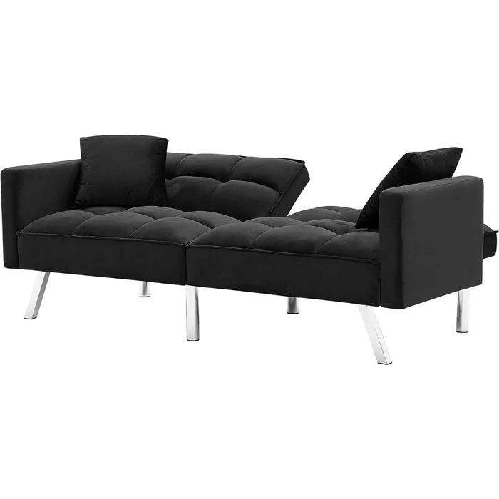 Modern Tuft Futon Couch Convertible Loveseat Sleeper Reclining Sofa Bed Twin Size with Arms and 2 Pillows for Living Room, Black