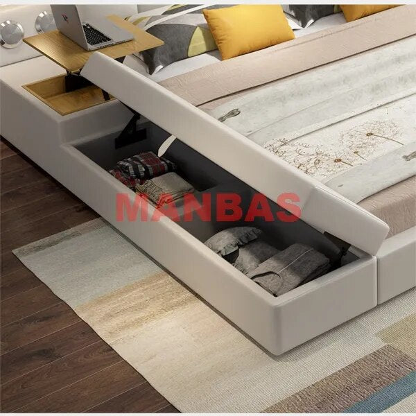 Genuine Leather Parent-child Bed Multifunctional Tech Smart Beds Ultimate Camas Upholstered Tatami Lit with Bluetooth Audio,Lamp