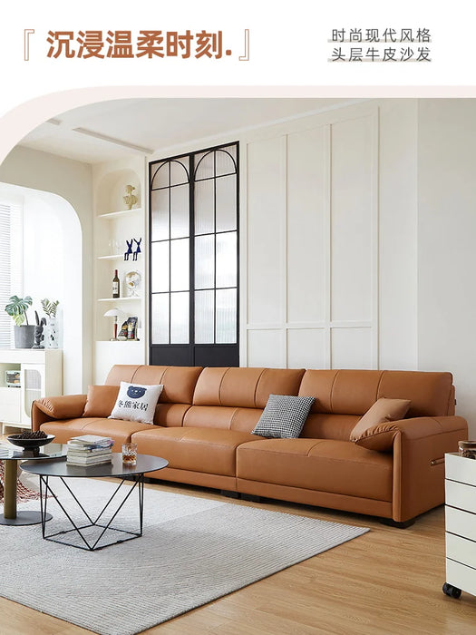 Italian Minimalist Living Room Small Apartment Light Luxury and Simplicity Leather Straight Row Sofa Retro Style