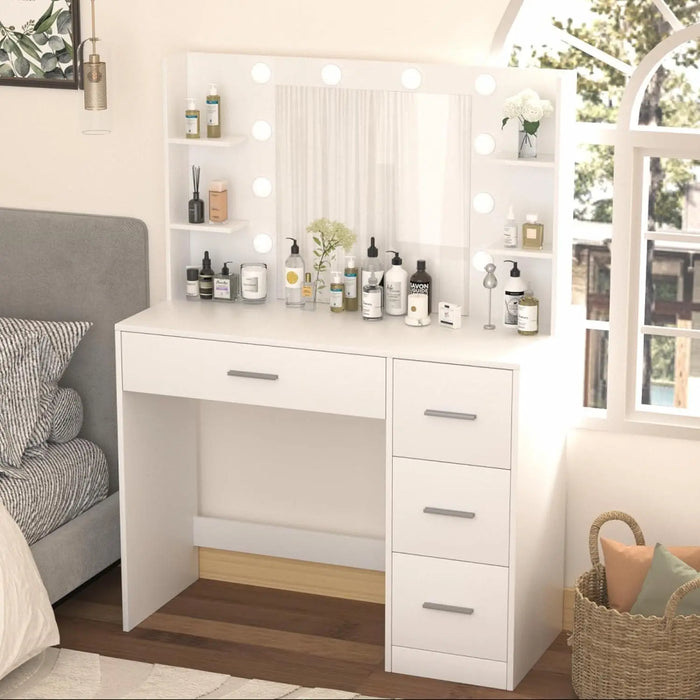 Vanity Desk, Makeup Vanity with 10 LED Lights & 4 Drawers,Brightness Adjustable, Dressing Table Desk with 6 Shelves,Vanity Table