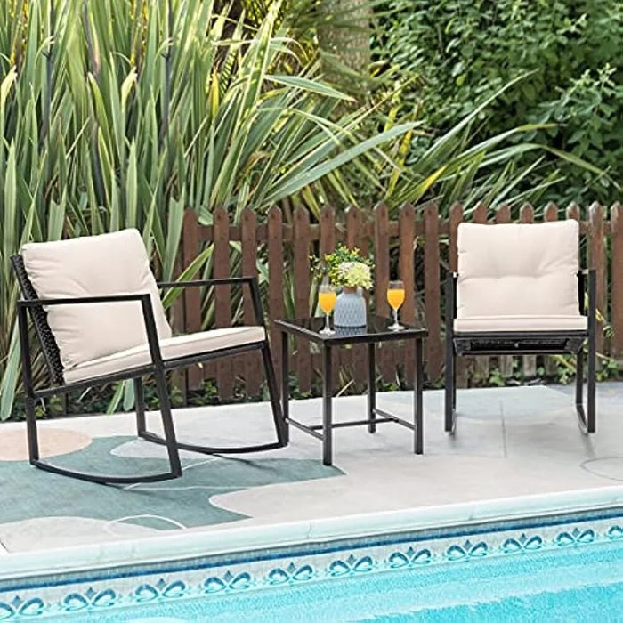 Greesum 3 Pieces Rocking Wicker Bistro Set,Patio Outdoor Furniture Conversation Sets with Porch Chairs and Glass Coffee Table,Be