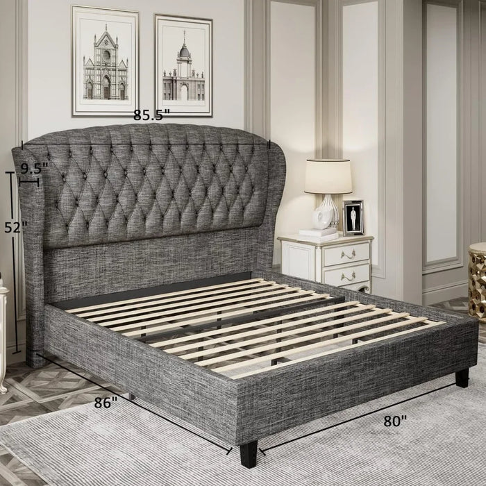Bed Frame, Linen Curved Upholstered Bed, Headboard with Shell Wingback, Deep Button Tufts, No Springs Required, Queen Bed Frame