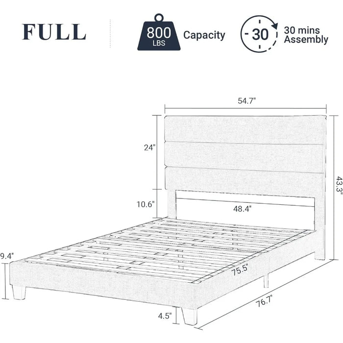 Platform Bed Frame with Fabric Upholstered Headboard and Wooden Slats Support, Fully Upholstered Mattress Foundation